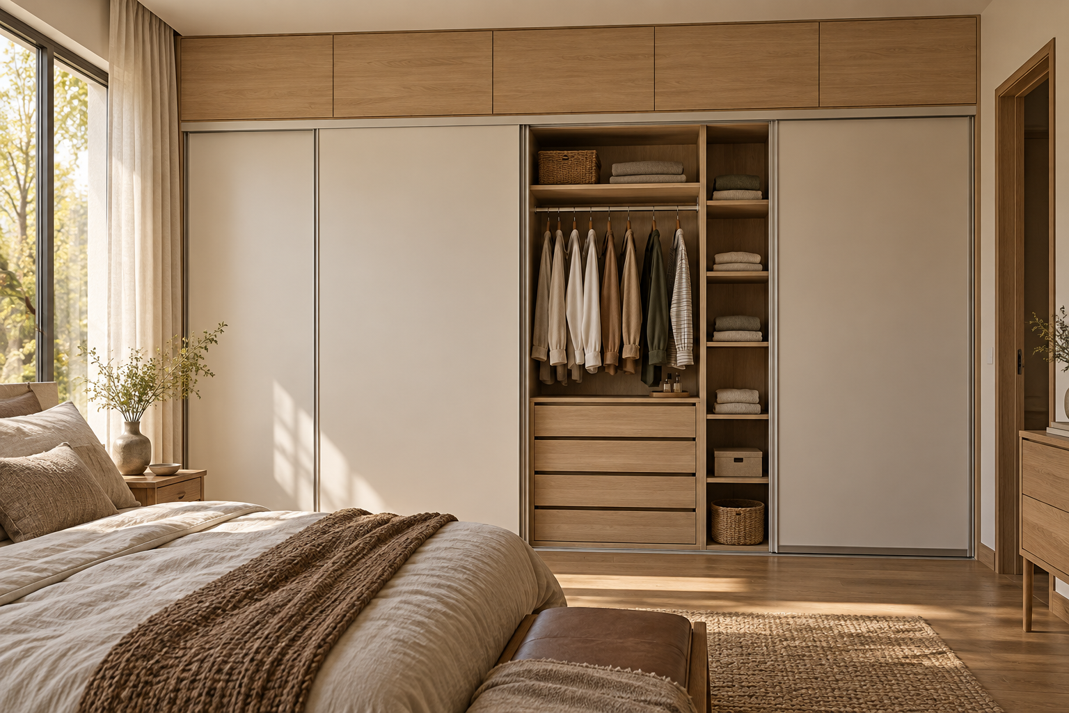 Inspiración de placard en madera y blanco, con baulera, colgado y cajones
